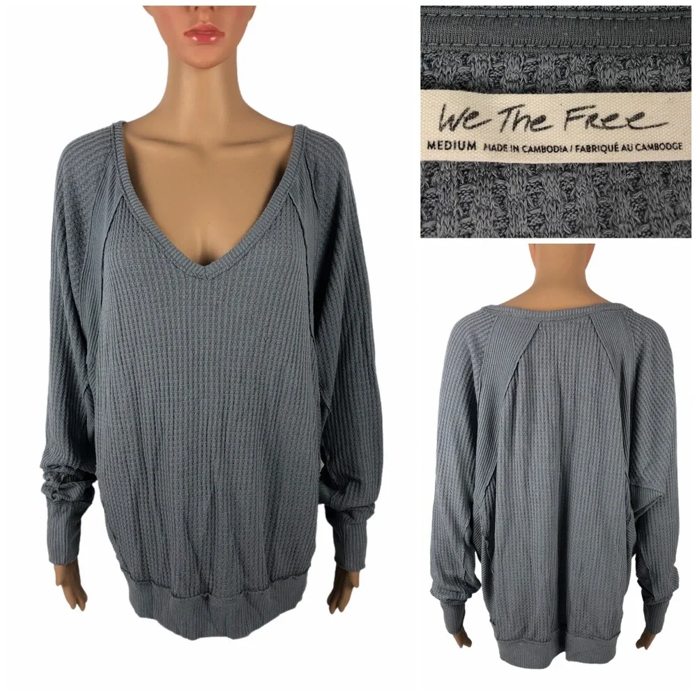 Free People We the Free Santa Clara Thermal Top Medium Gray Knit V Neck Stretch